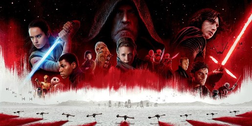 A poster featuring the cast of Start Wars: The Last Jedi - Mark Hamill, Carrie Fisher, Adam Driver, John Boyega, Daisy Ridley