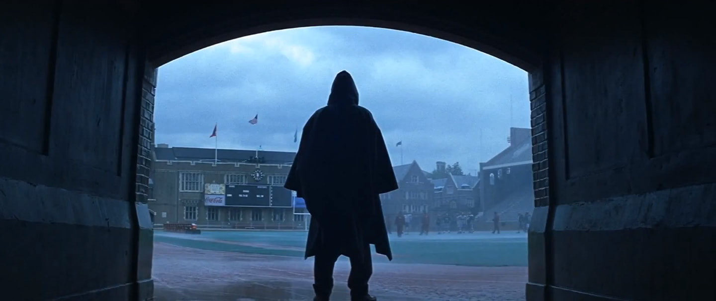 A silhouette of Bruce Willis as David Dunn in M. Night Shyamalan's Unbreakable